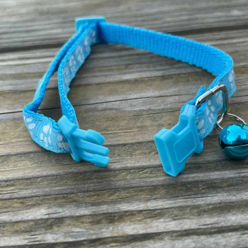 Cat Collar With Bell Adjustable Kitten Puppy Paw Print Blue Collars Adjustable